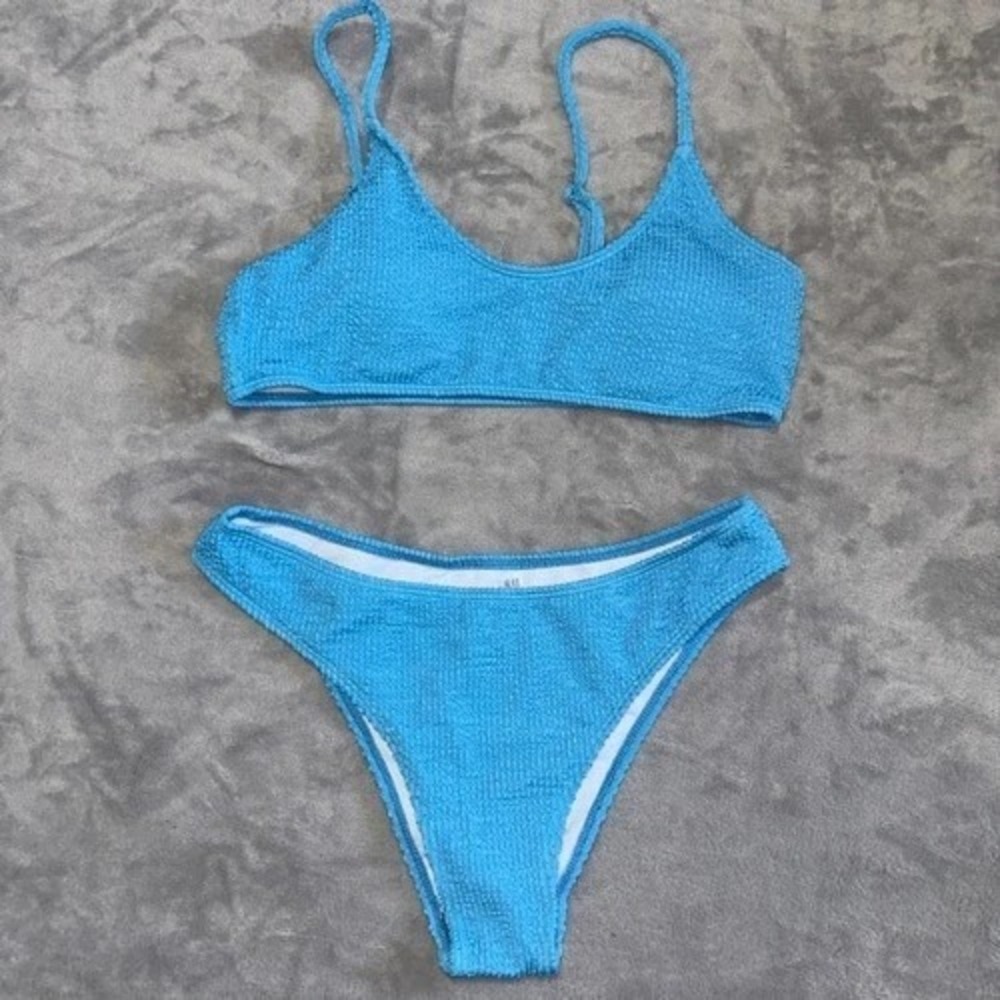 Womens Swimsuit Bikini Set Large Blue Popcorn Texture Stretch High Leg Cheeky
